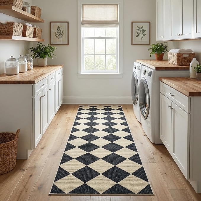 GarveeHome Checkered Rug Runners 2.5x8 Non Slip Kitchen Runner for Hallway | Soft Black and Brown Diamond Print Entryway Rug Thin Laundry Mat Stain Resistant Carpet for Bedroom Bathroom Beside
