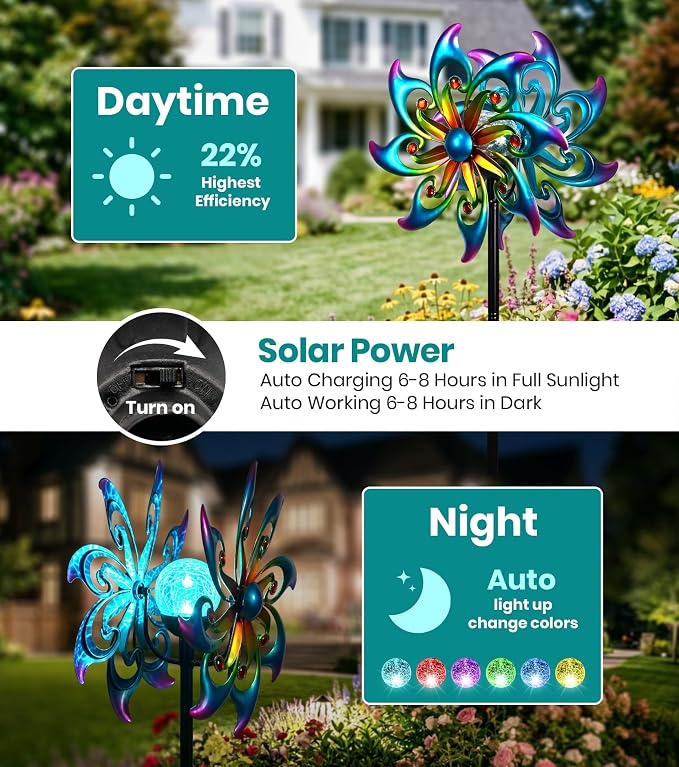 Solar Wind Spinner Metal Bird of Paradise Kinetic Garden Yard Art | Multi-color solar glow orb,Bird of paradise metal spinner,Whisper-quiet bearings,Stable 5-prong stake,Hand-Crafted Art