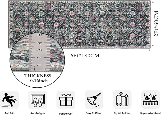 Lahome Moroccan Washable Runner Rug, 2x6 Kitchen Runners for Hallways | 6 Feet Non Slip Trellis Vintage Laundry Room Rug Ultra-Thin Carpet for Bathroom Bedroom Entryway Elise, Black Multi