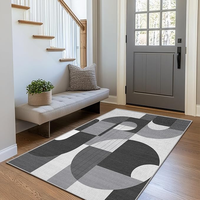 3x5 Black and White Geometric Modern Area Rug for Bedroom Entryway Hallway Abstract Rug Machine Washable Non-Slip Carpet for Bathroom Kitchen Bedside Living Room