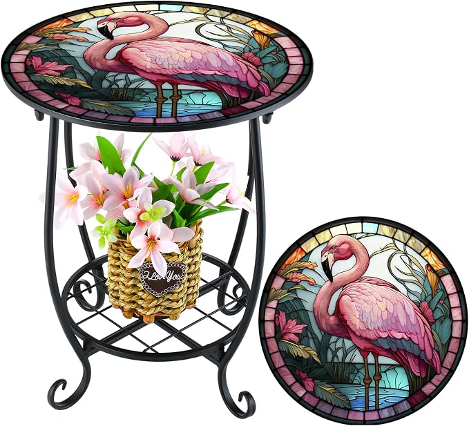 Cinnvoice Outdoor Side Table Round Small Mosaic Patio Accent Indoor End Plant Coffee Tea Table for Yard Patio Porch Garden Living Room, Bedroom(Flamingo Style,12 Inch)