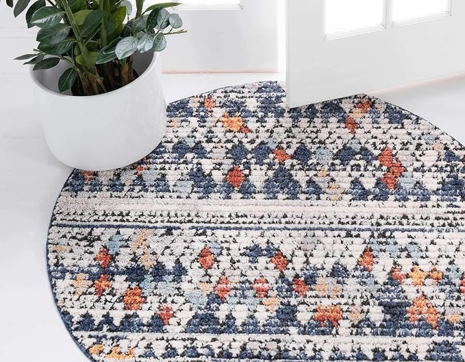 Unique Loom Morocco Collection Abstract Border, Diamond, Bohemian Area Rug (7' 0 x 7' 0 Round, Multi/Blue)