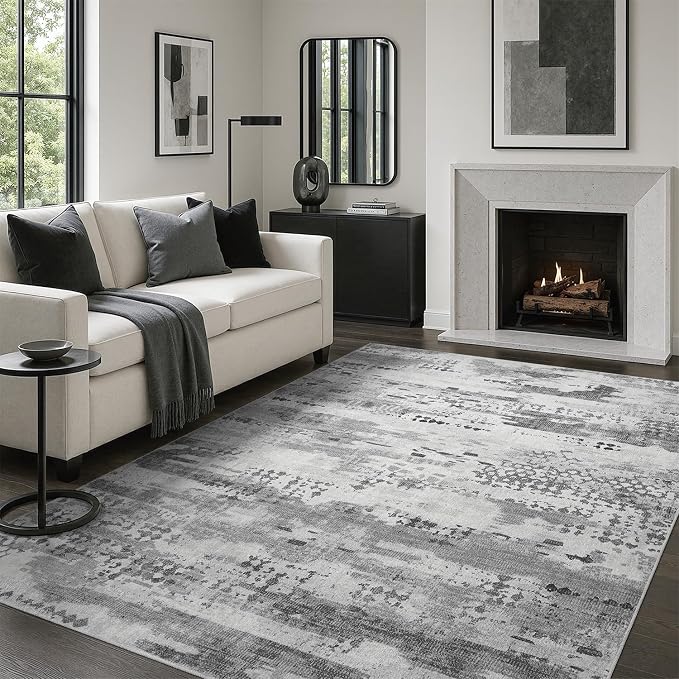 DCX Washable Abstract Area Rug 6x9, Non Slip Low Pile Rug, Gray | Easy to clean, non-shedding, soft, kid & pet friendly, with a non-slip rubber backing for living rooms, bedrooms, and offices