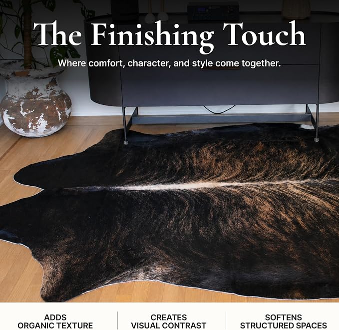 Dark Brindle Cow Hide Rug 5x6 ft, Genuine Hair on Hide | Real cowhide rug, dark brown and black brindle stripes. Natural cow skin anchor piece for modern, boho or western rooms