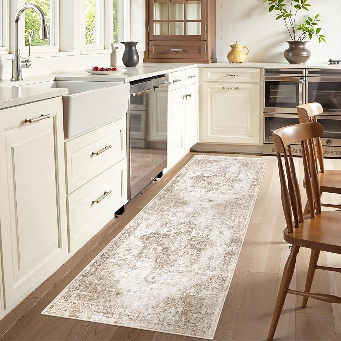 Runner Rug 2x6 Washable Rug, Vintage Boho Medallion Hallway Runner Non-Slip Soft Low Pile Distressed Floor Carpet Retro Doormat for Kitchen Bedroom Laundry Entryway Bathroom (Brown, 2'x6')
