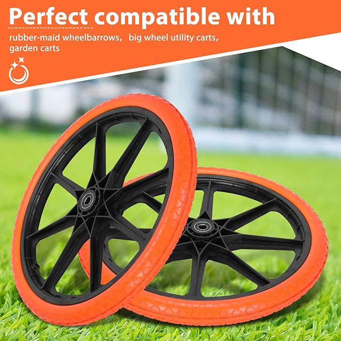 Upgraded 20x1.95" Flat Free Tires Compatible with rubbermaid Wheelbarrow Wheels, 20" Flat Free Tires with 5/8" and 3/4" Bearing Replacement for rubbermaid Cart Wheels/Big Wheel Utility Carts