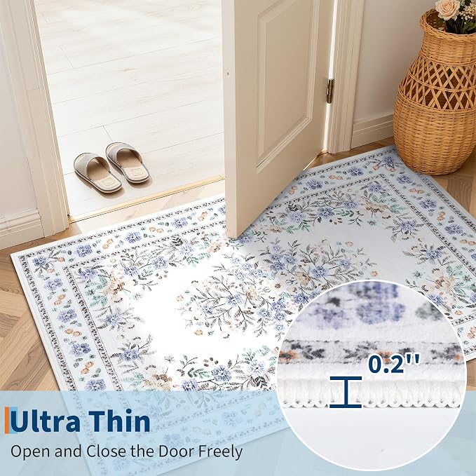 GarveeHome 2x6 Floral Runner Rug for Nursery Vintage Flower Runners | Washable Non-Slip Low Pile Botanical Floor Carpets for Bedroom Multi-Color Floral Area Rugs for Hallway Kitchen Beige