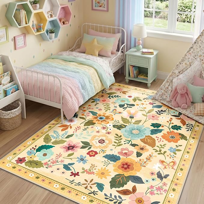 RELEANY Floral Washable 4x6 Area Rugs Yellow/Orange | Flower Carpet, Print, Boho, Non-Slip, Easy to Clean, Soft, Low Pile for Living Room Bedroom Kitchen Office Entryway Hallway