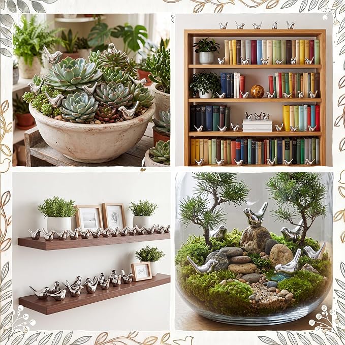 Sieral 100 Pcs Silver Mini Bird Figurines Miniature Resin Bird Statues Small Animal Statues Fairy Garden Accessories for Micro Garden Landscape Dollhouse Cake Potted Plants DIY Craft, 0.59" x 0.67"