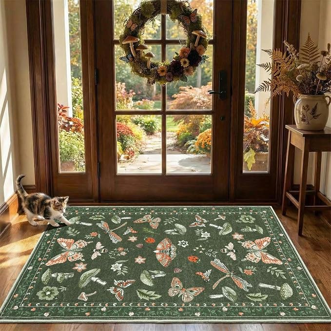 ROYHOME Mushroom Washable Rugs 5x7 for Living Room Low-Pile Whimsical Cottage Core Insect Bug Butterfly Funky Dark Gothic Decor for Bedroom Nursery Dining Room Olive Green