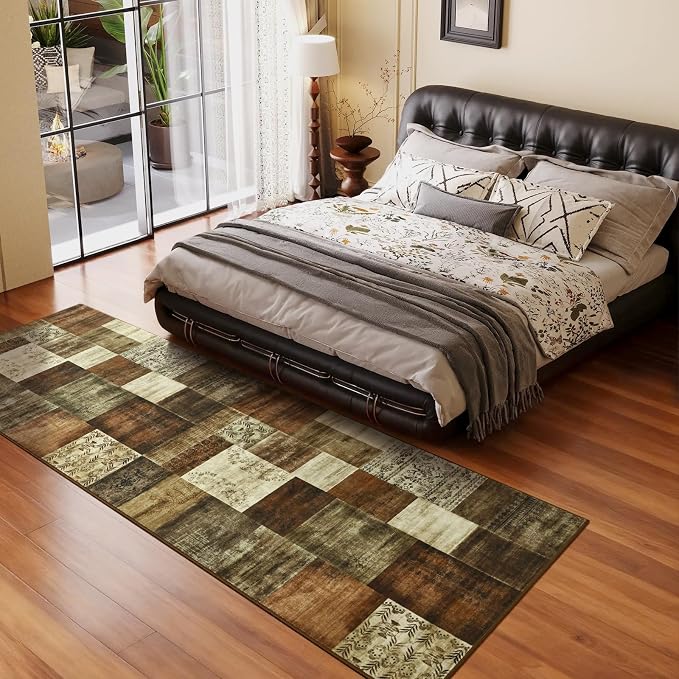 Runner Rug for for Hallways, 2'x6' Washable Kitchen Rugs with Non Slip Rubber Backing, Soft Low Pile Non-Shedding Geometric Carpet for Laundry Bedroom Bathroom, Brown