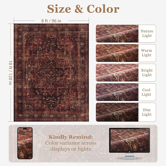 8x10 Dark Red Rugs for Living Room, Vintage Distressed Oriental Medallion Washable Large Rug for Bedroom Under Bed, Traditional Moody Low Pile Thin Soft Carpet Rugs for Dining Room Office