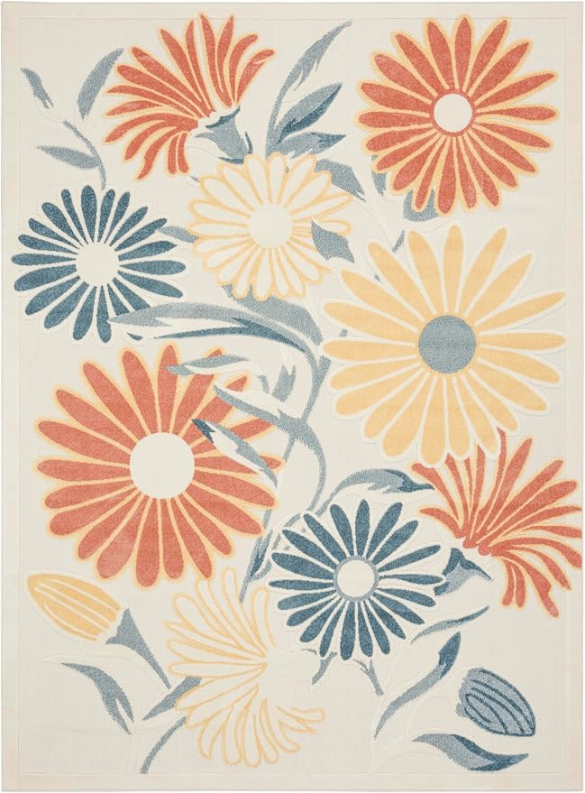 Nourison Home Aloha Ivory Rose 7'10" x 10'6" Area Rug - Easy Clean, Non Shedding, Bed Room, Living Room, Dining Room, Kitchen (8' x 11')