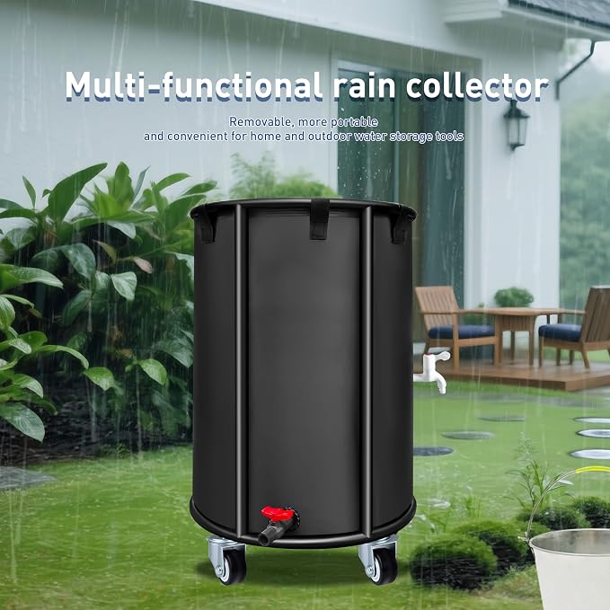 Outdoor Rainwater Collector, Mobile Portable, 30 Gallon, Black - Rainwater Collection Storage Container with Faucet, Mobile Frame, Strainer and Side Faucet