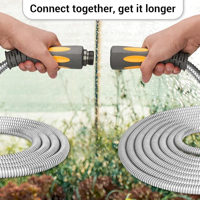 TheFitLife Flexible Metal Garden Hose - 50 FT Lightweight Stainless Steel Water Hose with Solid Fittings and Sprayer Nozzle - Leak Proof, Kink Free, Anti-rust, Large Diameter, Durable and Easy Storage