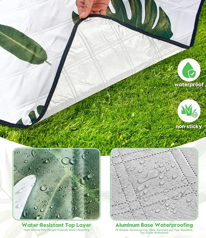 DEWUR Picnic Blankets 79"x79" Extra Large Outdoor Blanket Beach Blanket Waterproof SandProof Picnic Mat Washable Foldable Portable for Grass Lawn Beach Camping (Green Leaves)