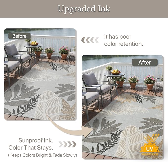 GENIMO Outdoor & Indoor Area Rug 5'x8', Waterproof, Non-Shedding, Easy Cleaning, Leaf Mat for Patio, Living Room, Balcony, Dining Room, RV, Deck, Bedroom, Camping, Outside Carpet, Sand Grey