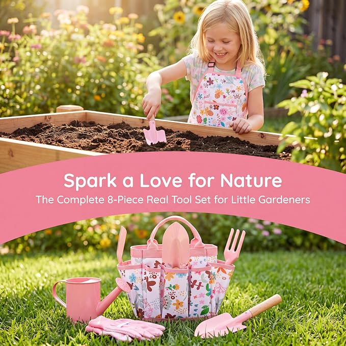Ecolley Kids Gardening Tool Set Toys - 7 Pieces Quality Garden Kit for Toddlers & Kids with Shovels, Rake, Watering Can, Apron, Gloves & Storage Bag (Pink Flower)