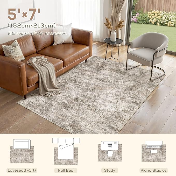 Nakagishi 5X7 Abstract Washable Area Rugs for Living Room-Brown | Modern Non-Slip Silicone Backing Low Pile Soft Carpet for Bedroom Dining Decor Ideal for Families with Kids and Pets