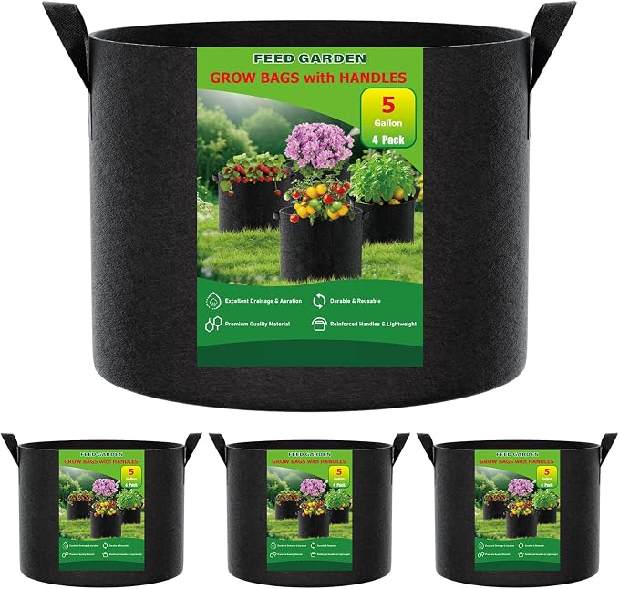 FEED GARDEN 5 Gallon Grow Bags 4 Pack – 300G Non-Woven Thickened Fabric Plant Pots with Reinforced Handles, Breathable Drainage Planters for Vegetables, Flowers & Herbs Indoor Outdoor