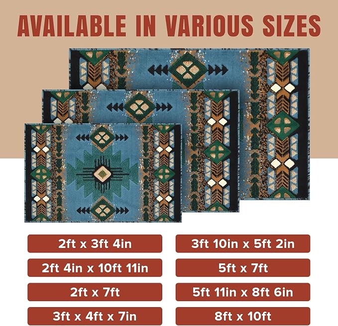 YHSF South West Native American Area Rug C318 - Easy Clean, Thick, Soft, Durable Native Tribal American Indian Inspired Rug for Bedroom/Living Room and More - Blue-Green, 3 Feet x 4 Feet 7 Inches