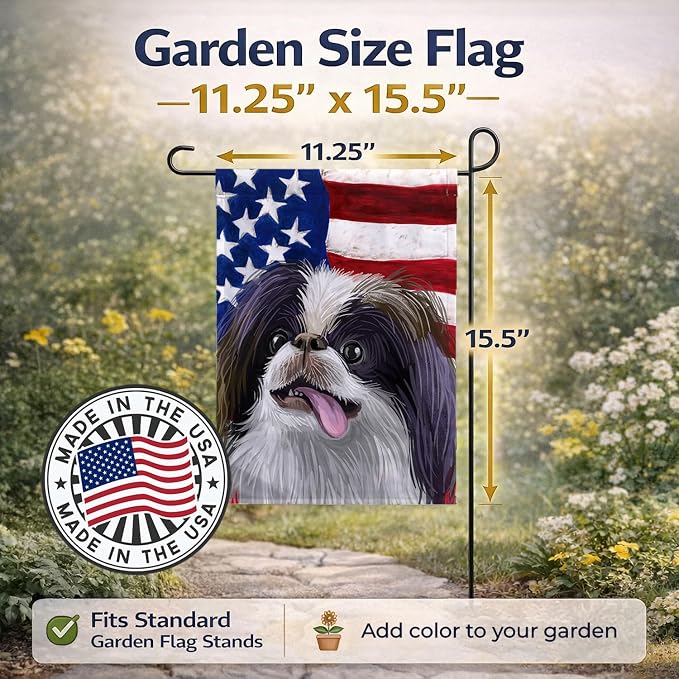Caroline's Treasures CK6580GF Japanese Chin American Flag Garden Flag Mailbox Flag Decorative Yard Flag Banner Outside Patio Artwork Yard Flower Beds, Garden Size, Multicolor