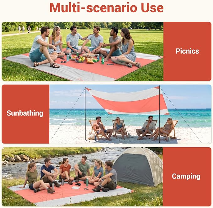 Wolfwise 108" × 120" XXL Beach Blanket, Waterproof & Sandproof Picnic Mat with 4 Sand Pockets & 4 Stakes, Windproof Outdoor Camping Beach Mat, Lightweight, Fits 8 People, Pink