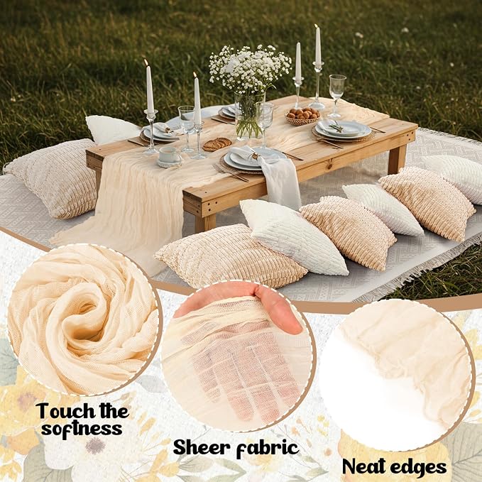 Beeveer 14 Pack Picnic Kit 91x71 Inch Extra Large Outdoor Boho Picnic Blanket with Beige White Table Runner, 6 Throw Pillow Cover 6 Napkin Woven Cotton Yarn Washable Beach Blanket for Camp Wedding