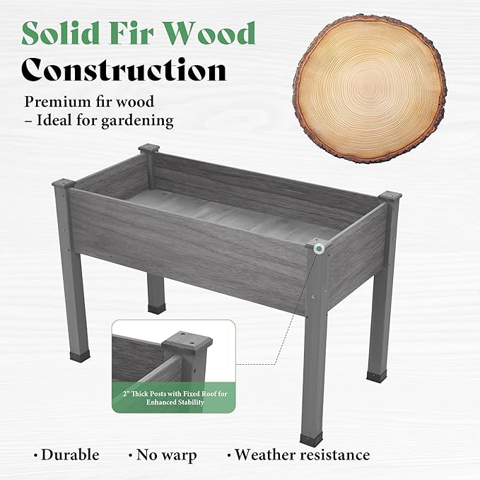 AMERLIFE Raised Garden Bed, 48x30x24 Inches Elevated Wood Planter Box with Legs, Bed Liner, Divider and Drainage Holes for Backyard, Patio, 200 lb Capacity - Grey