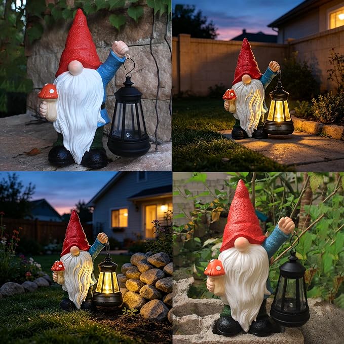 Garden Gnomes Statue with Solar Outdoor Lights, Resin Outdoor Solar Gnome Decorations for Yard Garden, Patio Gnome Gifts for Mom (Art Deco)