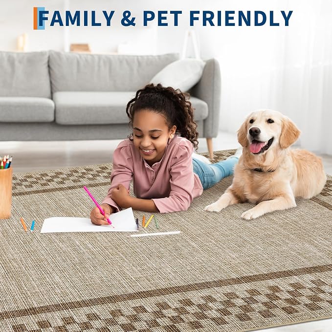 GarveeHome Rug Runners for Hallways 2x8 Washable Kitchen Runner Rug | Non Slip Low Pile Throw Carpet Modern Bordered Bathroom Checkered Area Rug for Living Room Bedroom Entryway Nursery, Taupe