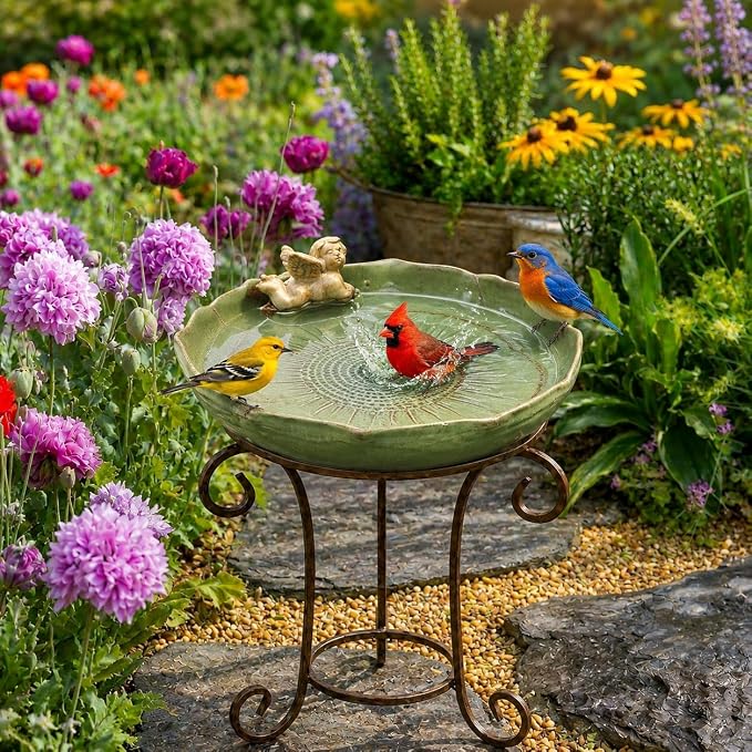9.45inch Ceramic Ground Bird Bath Bowl for Outside, BirdBath Bowl Only, Ground Bird Feeders and birdbath for Outdoors, Tabletop，Balcony and Garden(Angel)