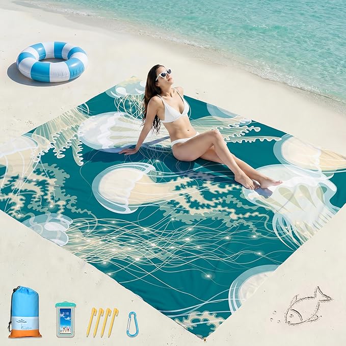 Famstar Beach Blanket Oversized Extra Large 78"X81"/10'X9',Waterproof Sandproof Beach Blanket 2-8 Adults Lightweight Durable for Travel Camping Hiking Picnic