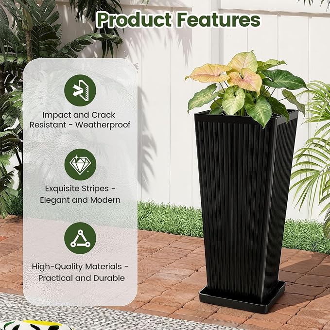 Front Porch Planters Outdoor Set of 2, 24" Tall Plastic Planters for Outdoor Plants with Drainage, Extra Large Outdoor Planter Pots, Tapered Tall Planters for Front Door & Indoor Plants, Black