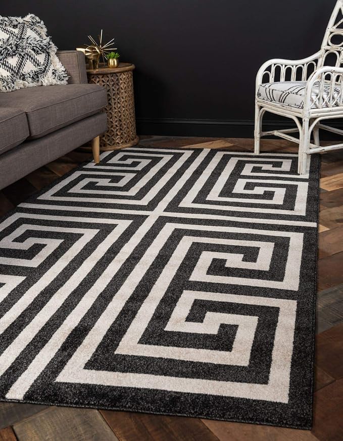 Unique Loom Athens Collection Classic Geometric Modern Border Design Area Rug (5' 0 x 8' 0 Rectangular, Black/ Beige)