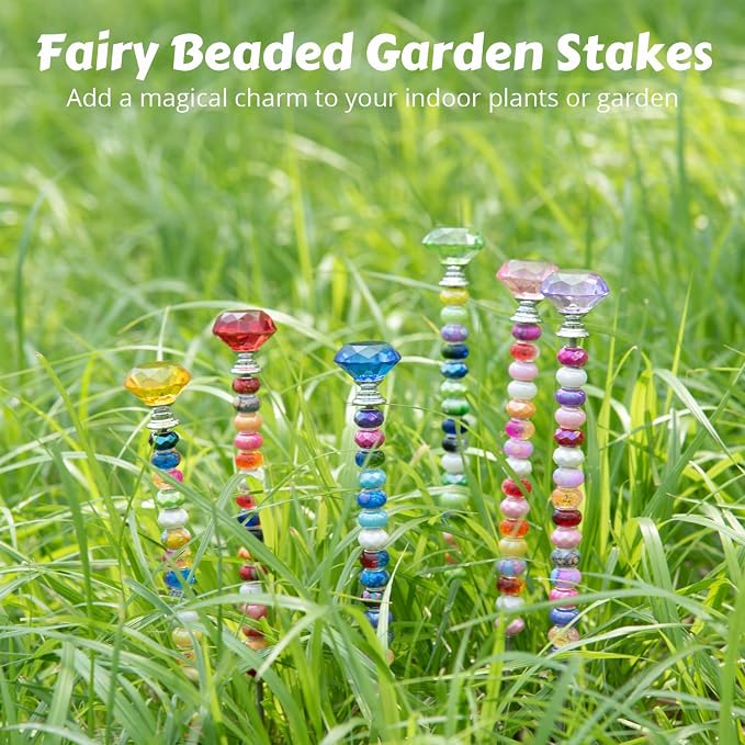 Prefdo 236 PCS Decorative Garden Stakes DIY Fairy Wand Beaded Kit | Diamond Stopper Tops, 12 In Threaded Rod, 200 Colorful Beads, Indoor Outdoor Plant Flower Pot Décor
