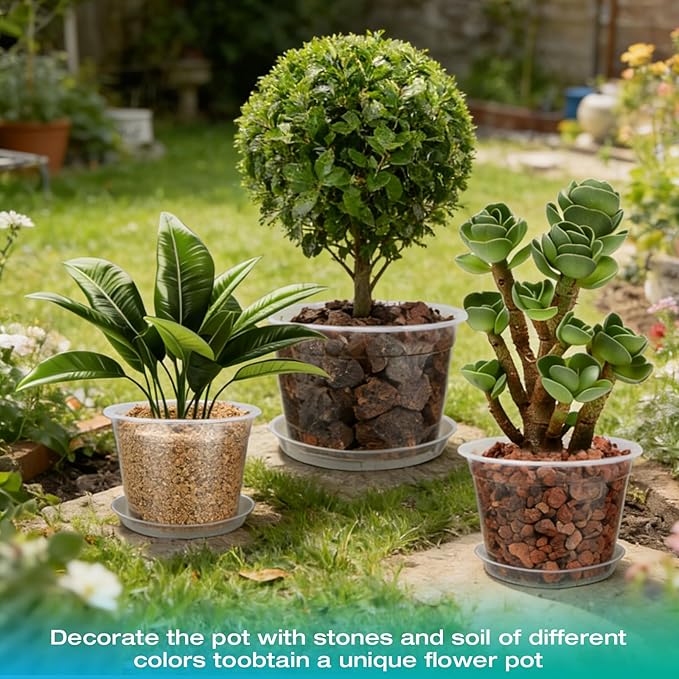 8/10/12 Inch Clear Nursery Pots with Drainage and Sacuers, 15 Pack Plastic Pots for Plants Indoor Outdoor, Variety Large Clear Pots for Flowers, Succulents (8/10/12inx5pcs)