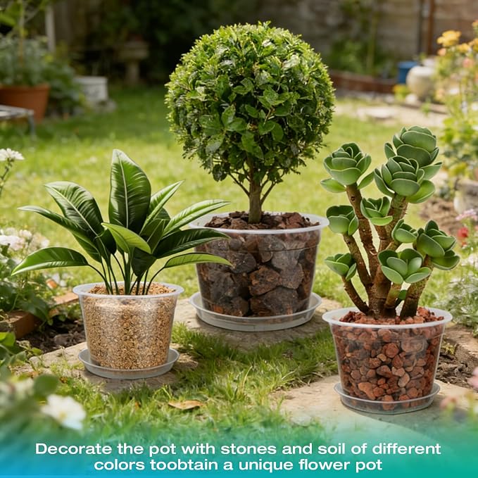 12 Inch Clear Nursery Pots with Drainage and Sacuers, 4 Pack Plastic Pots for Plants Indoor Outdoor, Large Clear Pots for Flowers, Succulents (12inx4pcs)