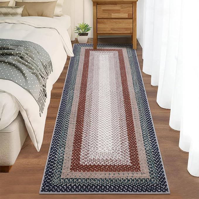 RUGSREAL Hallway Runner Rug 2x6 Braided Machine Washable Kitchen Rugs | Low Pile Farmhouse Runner Non Slip Stain Resistant Rustic Runners Modern Printed Carpet for Living Room Bedroom, Olive/Brown