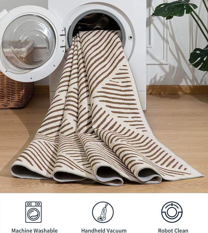 6‘x9' Washable Brown and Cream Area Rug for Living Room | Non-Slip, Soft, Low Pile, Stain Resistant, Large Farmhouse Geometric Stripe Tan Rug for Bedroom Dining Room