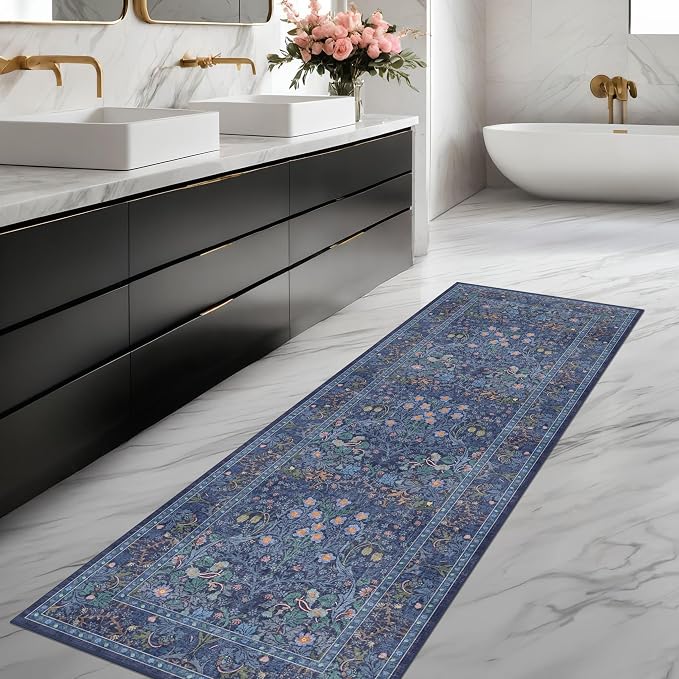 Dark Blue Washable 2x8 Runner Rugs Non Slip for Hallway, Bathroom, Kitchen, Entryway - 8ft Long Low Pile Carpet Runner, Floral Pattern Indoor Floor Mats Stain Resistant Home Décor