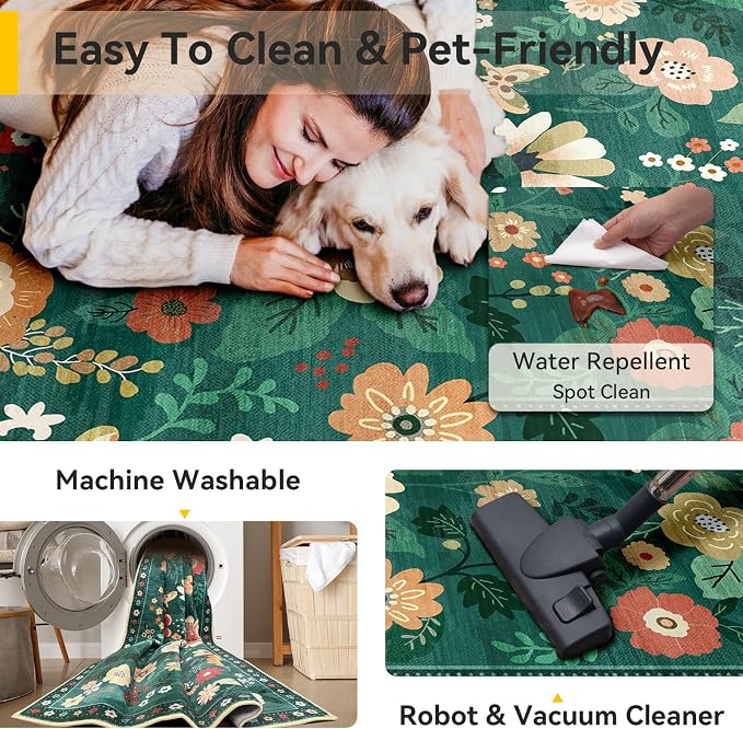 RELEANY Floral Washable 8x10 Area Rugs DarkGreen | Flower Carpet, Print, Boho, Non-Slip, Easy to Clean, Soft, Low Pile for Living Room Bedroom Kitchen Office Entryway Hallway