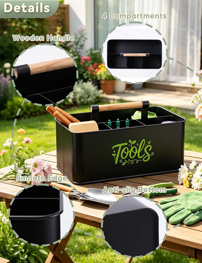 Gardening Tool Caddy, Garden Tool Basket with 4 Compartments, Metal Garden Caddy with Wooden Handle for Indoor & Outdoor