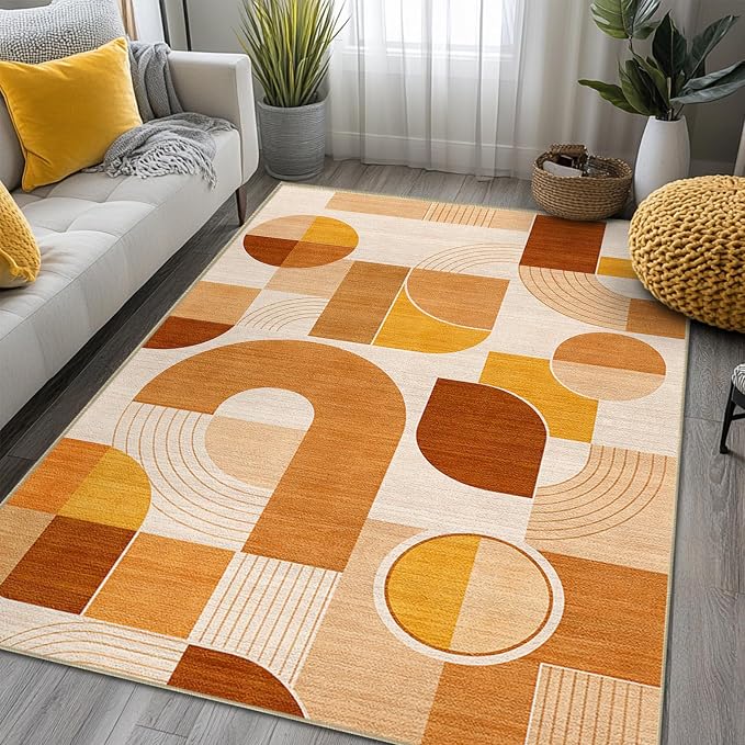 Orange Rug 4x6 Area Rug for Living Room Geometric Mid Century Rugs | Washable Modern Abstract Rugs Low Pile Non-Slip Floor Carpet for Dining Room Bedroom Kitchen Office
