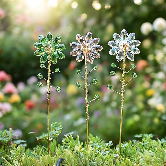 H&D HYALINE & DORA 3 Pcs Crystal Sunflower Suncatchers with 13'' Gold Trellis Metal Plant Stake for Indoor Outdoor Garden Potted Plants Decorations Plant Lover Gift(Clear, Green, Pink)