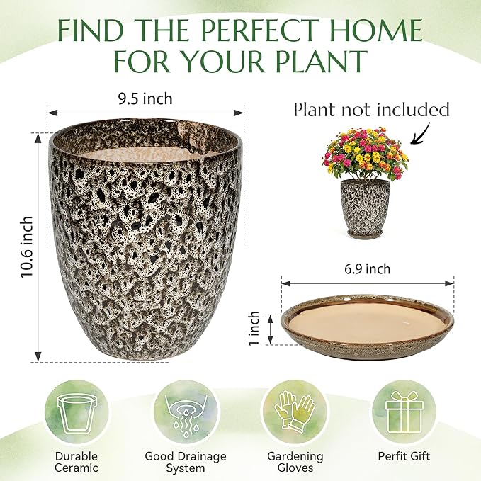 9.5 Inch Flower Pots for Indoor Plants,Ceramic Planter with Saucer Drainage Leak-Proof Mesh Gardening Gloves (Spotted White)