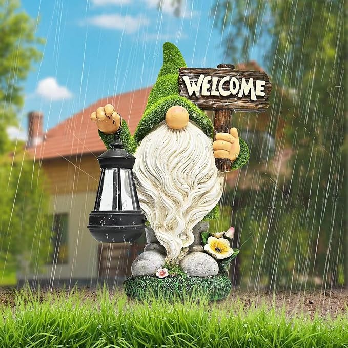 Garden Gnome Statue Outdoor Decor Large Flocked Resin Gnome Figurine with Solar Light Holding Lantern Welcome Sign Garden Yard Decorations Dwarf Sculpture for Outside Patio Porch Lawn Decor.