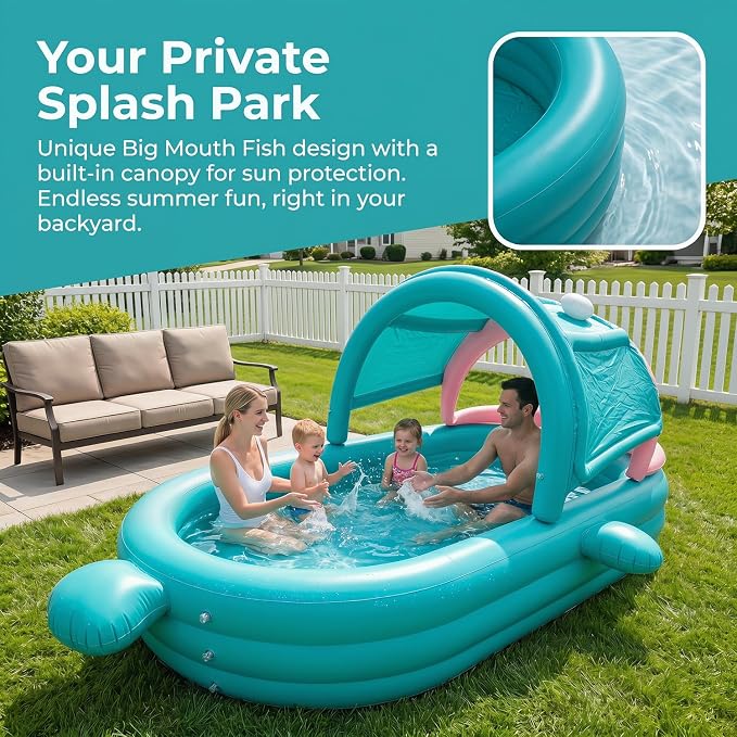 Inflatable Kiddie Pool with Canopy, Giant Fish Blow Up Pool for Kids Toddlers Adults, Thickened PVC Family Pool, 3 Air Chambers, 112"×65"×22" Backyard Summer Splash