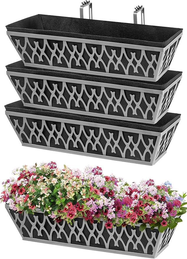4 Pack 24 Inch Window Boxes Planters Railing Planter Box with Adjustable Brackets & Non-Woven Fabric Plant Grow Bags Deck Railing Planter Boxes Balcony Hanging Flower Box for Outdoor Plants