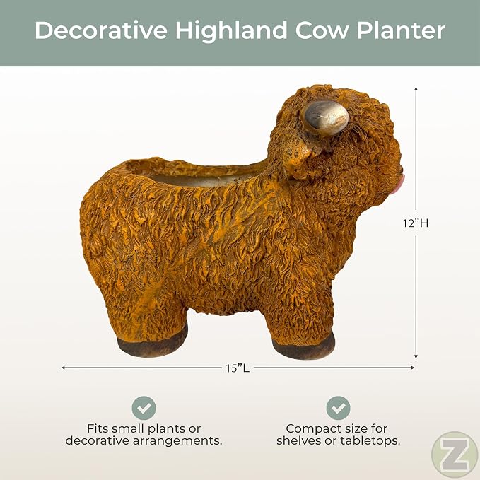 Zeckos Highland Cow Planter, Brown Painted Magnesium Oxide Animal-Shaped Freestanding Planter, 12 Inches Tall X 15 Inches Long X 8.25 Inches Wide, MGO Farmhouse Decorative Accent